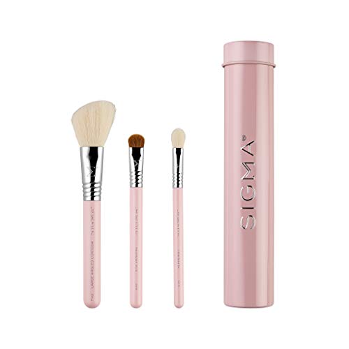Sigma Beauty Travel Essential Trio - Makeup Brush Set for Foundation Powder Eyeshadow - 3 Tool Brushes with Brush Tin Holder - - Skin Safe, Vegan Makeup Brushes for Travel - Light Pink