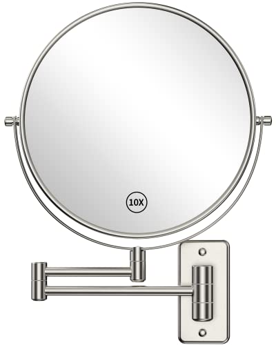 Benbilry 9" Wall Mounted Makeup Mirror, 1X/10X Magnifying Double Sided 360° Swivel Extendable Bathroom Mirror, Large Size Magnified Shaving Mirror with Folding Arm Nickel Finish