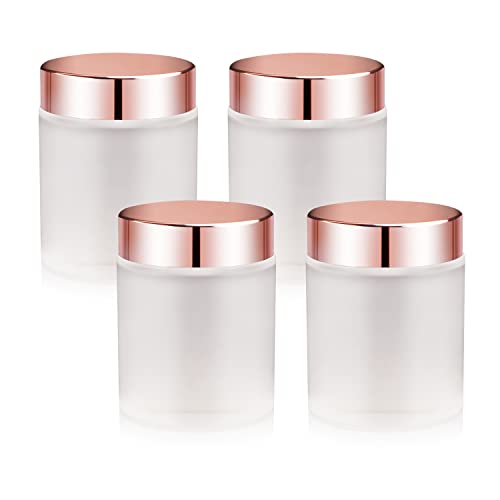 4 Pack,3.4 oz Frosted Glass Jars with Lids,Round Empty Storage Containers with Rose-Golden Lids & Inner Liners,Travel Jars Pot for Cosmetics,Gel,Scrubs,Makeup,Face Cream Lotion