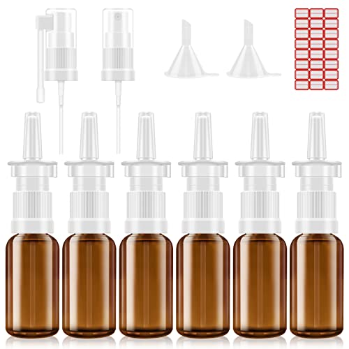 YAKESD Nasal Spray Bottle, 6 Pcs 30ML/1oz Glass Amber Refillable Fine Mist Sprayers Atomizers, Small Empty Nasal Sprayer with Oils Spray Tops, Oral/Swivel Sprayers, Funnels and Labels