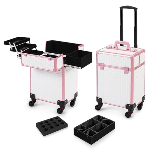 AROUS Rolling Makeup Train Case Cosmetic Travel Trolley 4 Tray with Sliding Rail Removable Middle Layer with Key Swivel Wheels Salon Barber Case Traveling Cart Trunk White