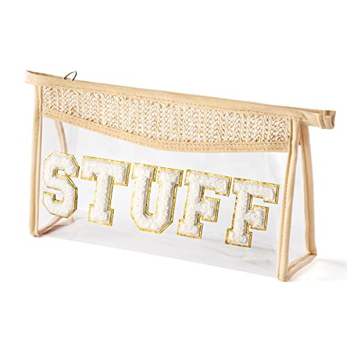 Belanttega Boho Patch STUFF Makeup Bag Clear Toiletry Bag Varsity Letter Travel Cosmetic Bag beige Transparent Waterproof Snacks Bag Travel Makeup Pouch for Women Men