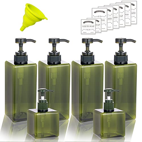 Amorettise 6 Pack Shampoo and Conditioner Dispenser Bottles, 4 Pack 22 Oz & 2 Pack 8 Oz Refillable Square Plastic Pump Bottles for Dispensing Lotions, Shampoo, Conditioner, Body Wash (Green)