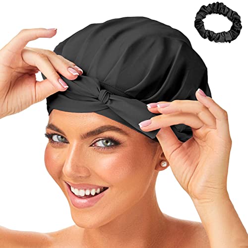 Silk Bonnet 100% Mulberry Silk Sleep Cap Breathable & Adjustable Sleeping Caps Silk Hair Wrap Women Night Cap for Curly Hair (Black)