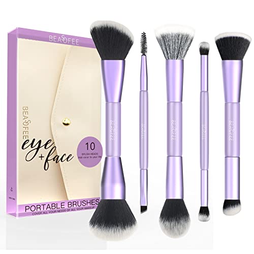 BEASOFEE Makeup Brushes Premium Synthetic Foundation Powder Concealers Eye Shadows Makeup 5 Pcs Brush Set with Cosmetic Bag(Purple)