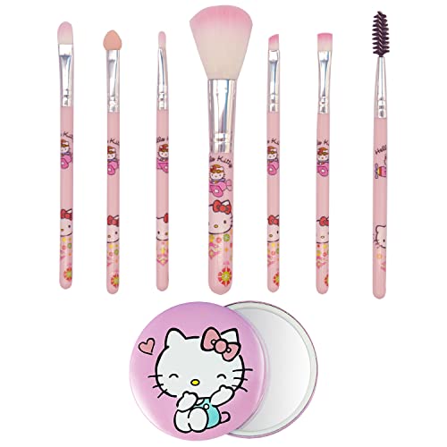 7 PCS Kitty Makeup Brush with Kitty Cat Mirror-Cosmetic Makeup Brush Set Tool Kit Set Brush Set Best Gift for Young Girl Women