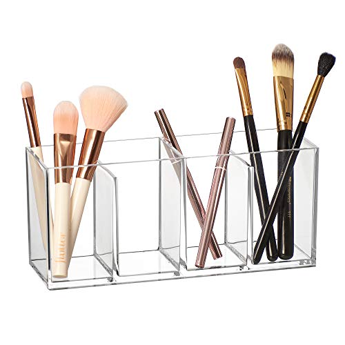 Amazing Abby - Glamour - Acrylic 4-Compartment Makeup Organizer, Transparent Plastic Makeup Brush Holder, Perfect Bathroom Vanity Storage Solution for Makeup Brushes, Eyebrow Pencils, and More