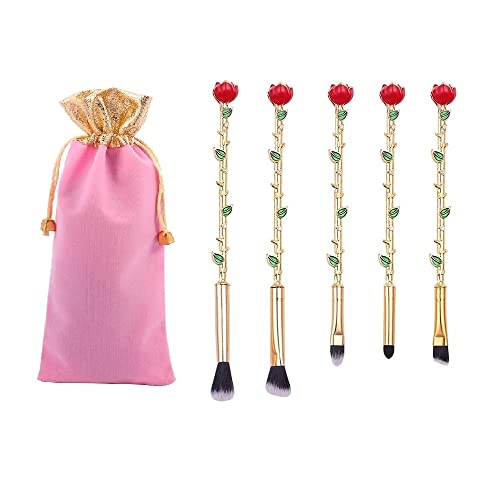 5 Pcs Beauty Eye Shadow And The Beast Rose Flower Shape Makeup Brushes Set Artists With Gift Bag For Daily Makeup (Gold)