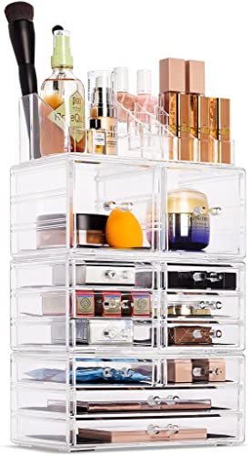 Sorbus Large Makeup Organizer - Clear Stackable Jewelry Makeup Organizer for Vanity, Bathroom Storage Display Case - 12 Drawers Cosmetic Beauty Organizers and Storage with Lipstick Makeup Brush Holder
