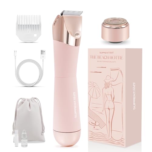 SUPRENT Bikini Trimmer Women- Painless Ladies Hair Removal Waterproof Wet & Dry- 2 in 1 Lady Shaver for Pubic Hair & Facial Hair- Cordless Electric Razors with USB-C Rechargeable-Pink