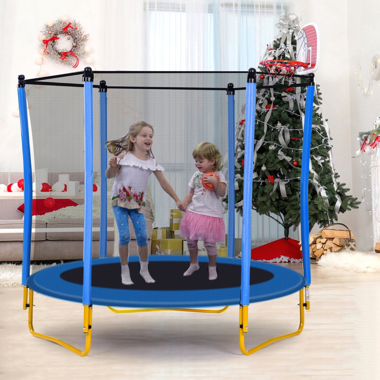 5.5FT Trampoline for Kids, Outdoor & Indoor Mini Toddler Trampoline with Basketball Hoop and Ball, Load to 220 LBS Kids Trampoline for Livingroom Courtyard Backyard Park, Blue