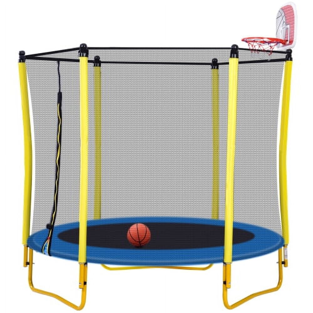5.5FT Trampoline for Kids - 65' Outdoor & Indoor Mini Toddler Trampoline with Enclosure, Basketball Hoop and Ball Included, Yellow