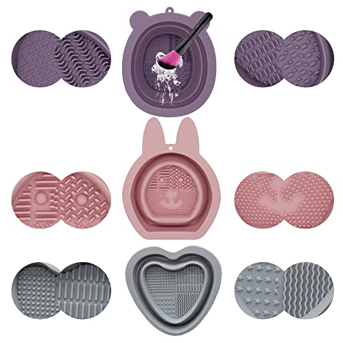 Sopfai Brush Cleaning Mat,Makeup Brush Cleaner Mat,for Makeup Brush,Powder Puff,Makeup Sponge,Deep Cleaning,Has Over Sawtooth Lines, Twelve Combined Cleaning Brush Ways(3 pack) (Brown+Pink+Grey)