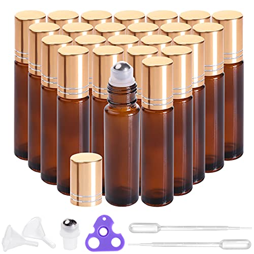 PrettyCare Roller bottles for oils 10ml (Amber Glass, 24 pack, 4 Extra Stainless Steel Balls, 48 Labels, Openers, 2 Funnels, 2 Droppers Roller Balls For Essential Oil Roller Bottles