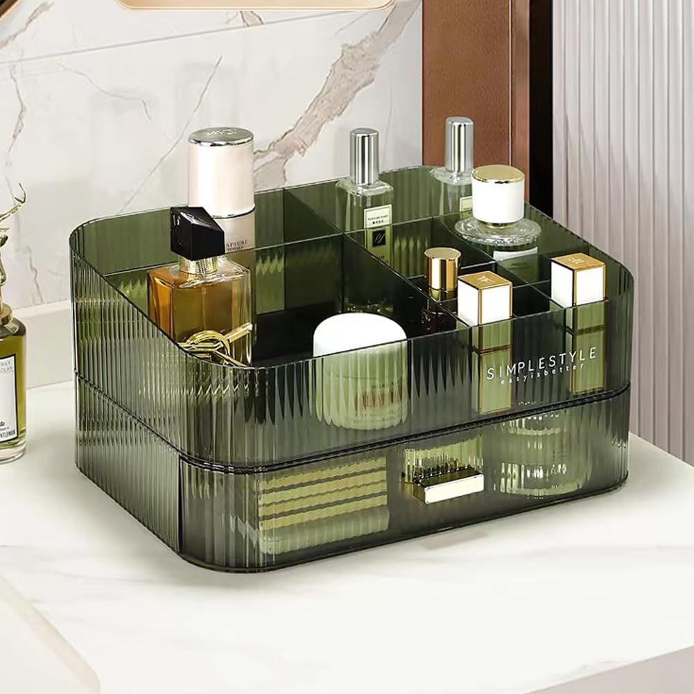 APNYZS Makeup Organizer with Stackable Drawers,Large Capacity Desk Organizer for Vanity,Bathroom,Bedroom,Great for Cosmetics,skincare, Lipsticks,Lotions,Nail Car (green, Tray + 1 Drawer)