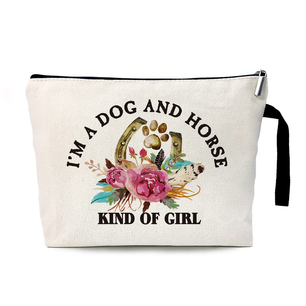 ZHANTUONE Cosmetic Bag for Women,Dog Lover Gifts,Horse Lover Gift,Dog horse girl,Horse Makeup Bags For Women ,Equestrian Gifts,I'm a Dog and Horse Kind of Girl Cosmetic Bag