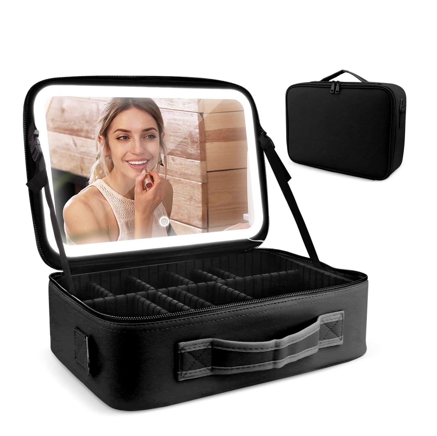 Smacen Large capacity Cosmetics Train Case with LED Lighted Mirror Rechargeable 3 Color Lights Adjustable Brightness Portable Makeup bag with Adjustable Dividers and Shoulder Straps (Black)