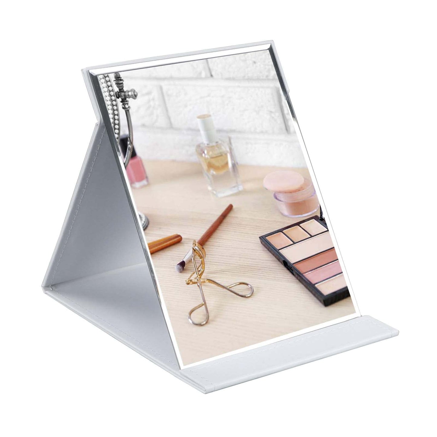 ZBEIVAN 10x7 Inches Portable Folding Makeup Mirror, Frameless PU Leather Desk Mirror with Stand for Camping Travel Tabletop Personal, White