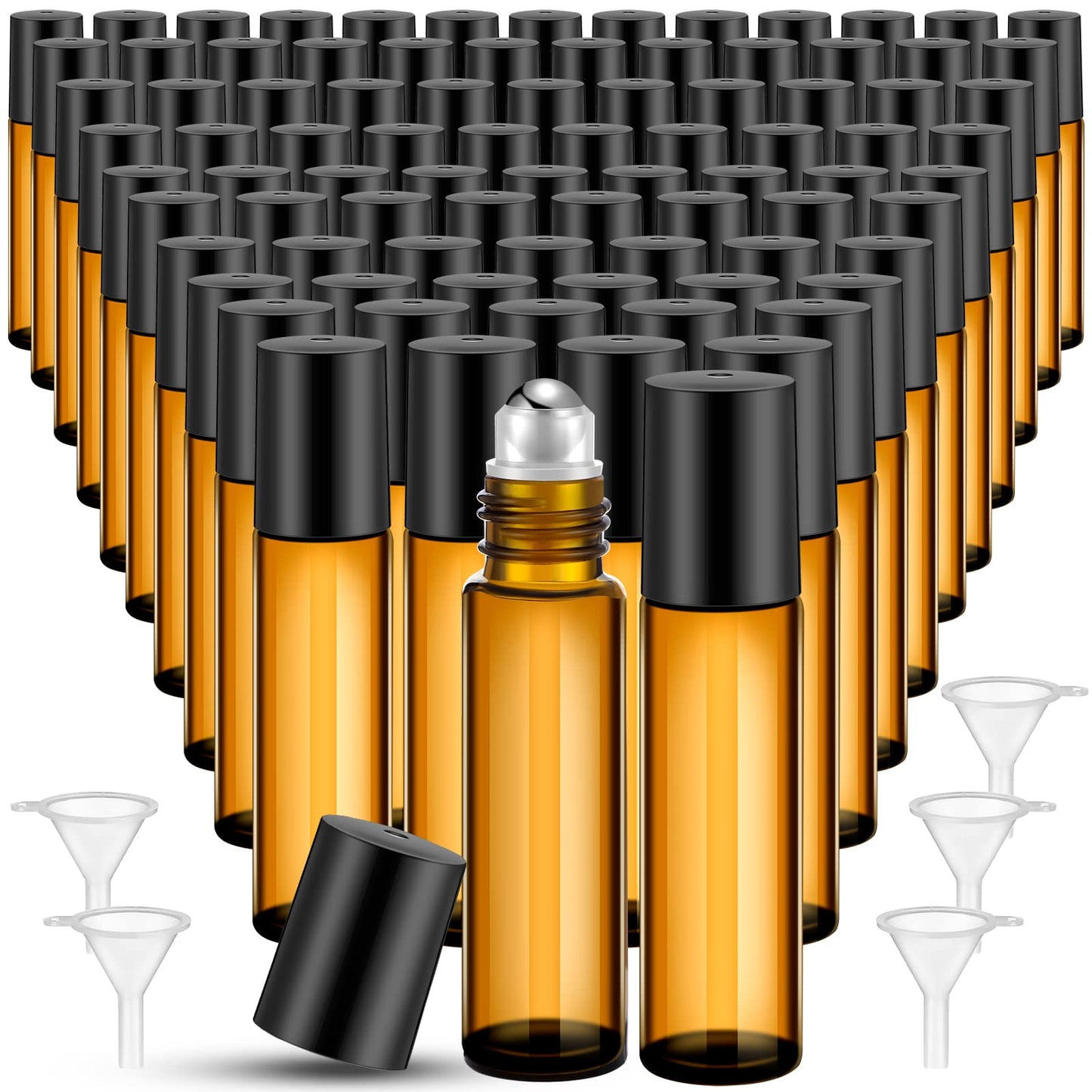 SEEWEY 96 Pcs Essential Oil Roller Bottles 10ml Empty Glass Roller Bottles with Stainless Steel Roller Balls Protection Leakproof with 5 Funnel for Travel Perfume Lip Gloss(Amber)