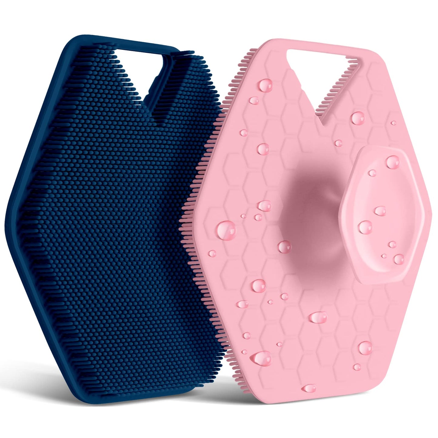 2PCS Soft Silicone Exfoliating Body Scrubber, Shower Scrubber for Deep Body Cleaning & Exfoliation, Easy Grip Shower Brush with Hanging Hole for Oily, Dry, and Sensitive Skin Types (Denim Blue+Pink)