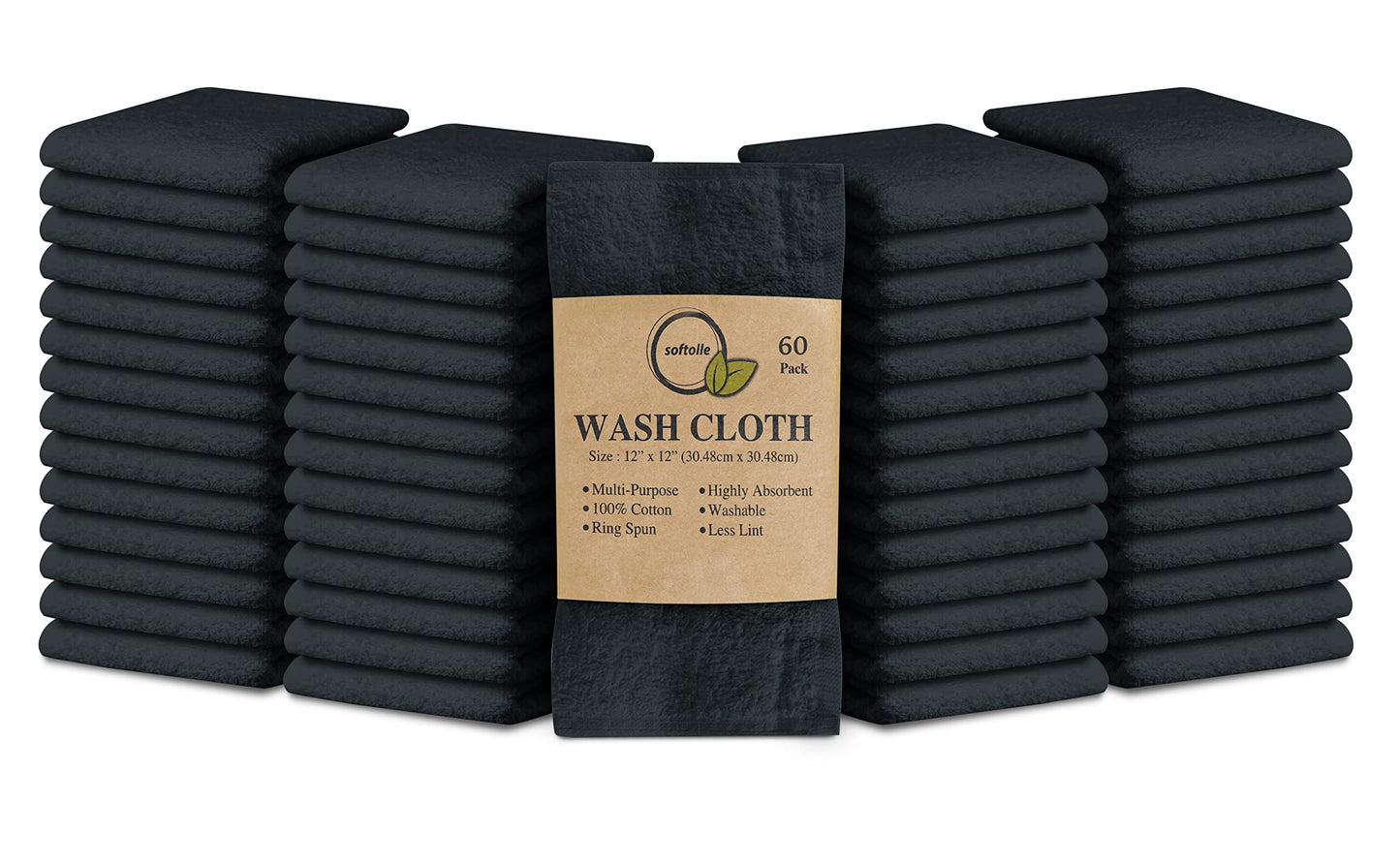 Softolle 100% Cotton Ring Spun Wash Cloths – Bulk Pack of Washcloths – 12x12 Inches – Wash Cloth for Face, Highly Absorbent, Soft and Face Towels (Grey, 60 Pack)