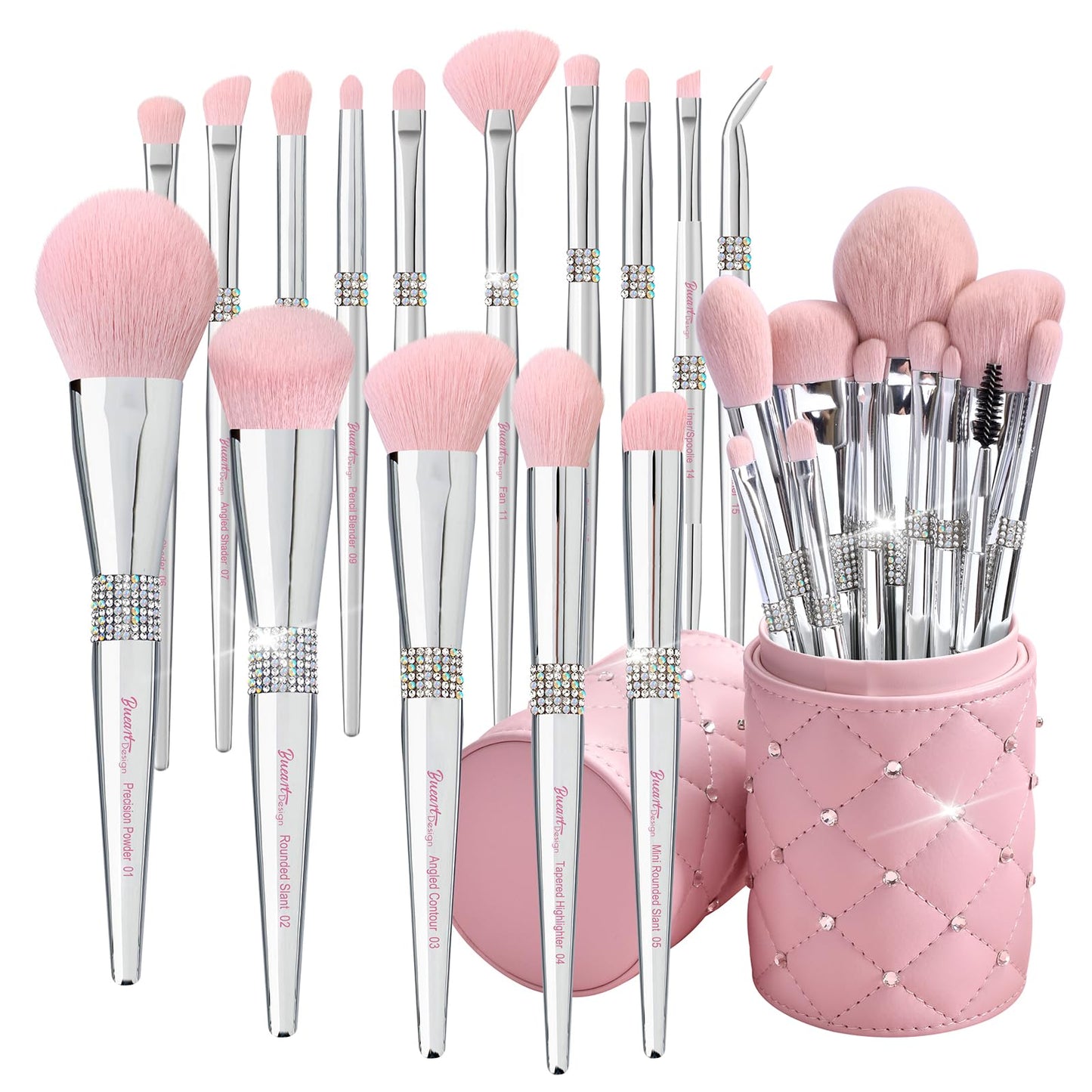 Bueart Design Elegant pink Ultra soft labeled Makeup Brushes Sets with Brush Holder makeup brush set with Foundation Powder blush blending contour Brush (15Pcs Silver Pink+Holder)
