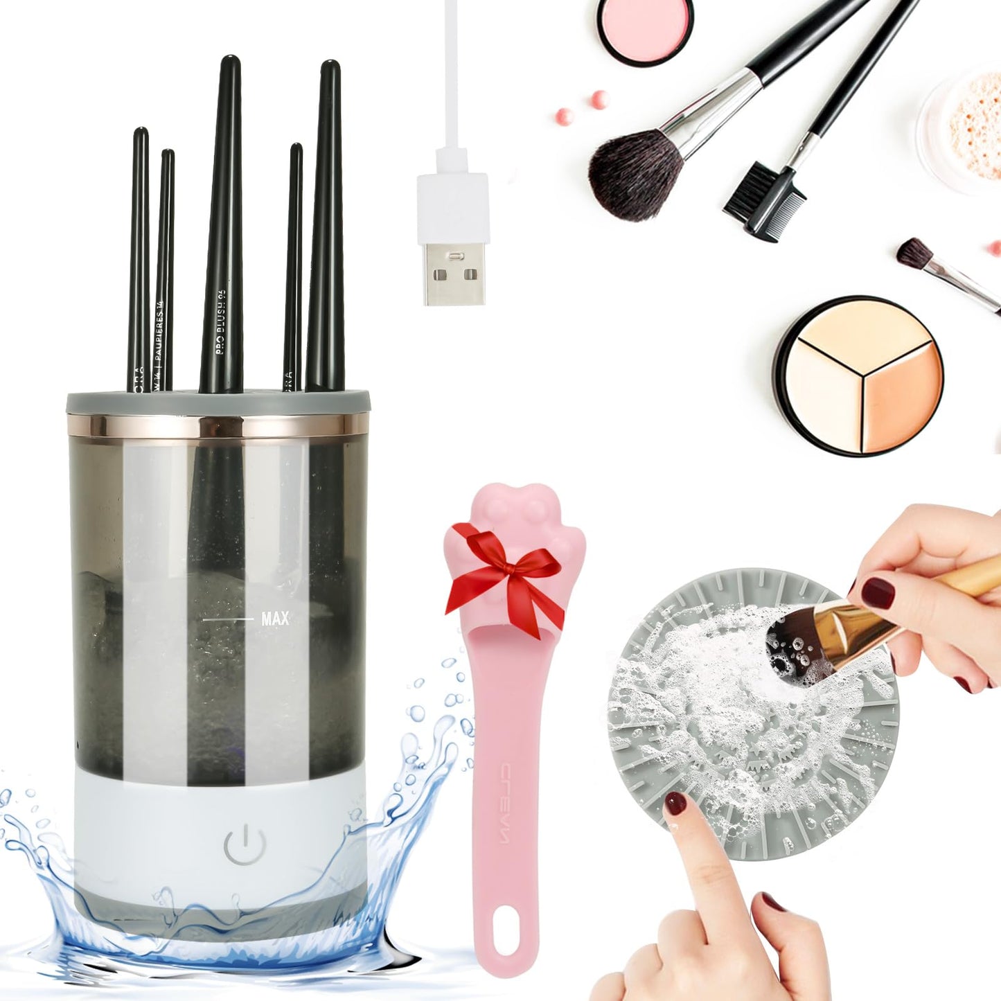 PYBYMYL Electric Makeup Brush Cleaner, Cosmetic Brush Cleaner Machine, Brush Blender Cleaner, Automatic Spinning Makeup Brush Cleaner Kit For All Size Makeup Brush, Gift for Women Wife Mother Gril