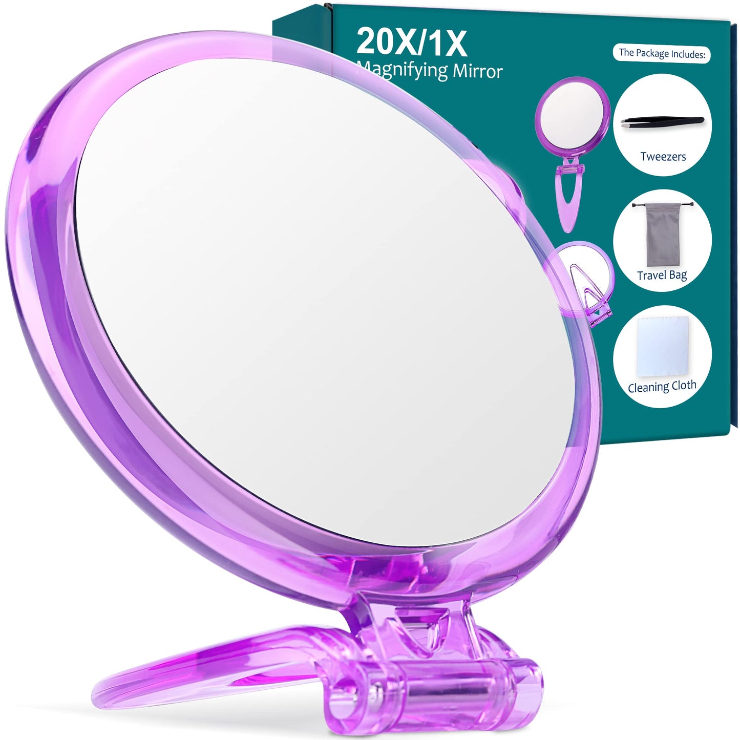 5Inch,20X Magnifying Mirror, Two Sided Mirror, 20X/1X Magnification, Folding Makeup Mirror with Handheld/Stand,Use for Makeup Application, Tweezing, and Blackhead/Blemish Removal. (Purple)