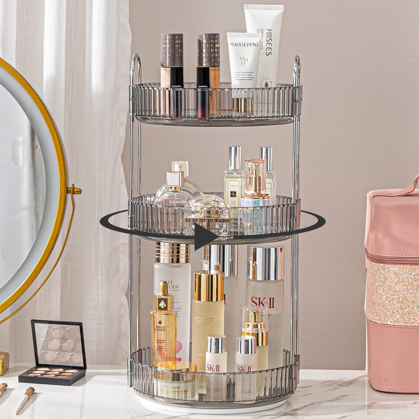 shuang qing Rotating Makeup Organizer for Vanity 3 Tier, High-Capacity Skincare Clear Make Up Storage Perfume Organizers Cosmetic Dresser Organizer Countertop 360 Spinning (Grey)