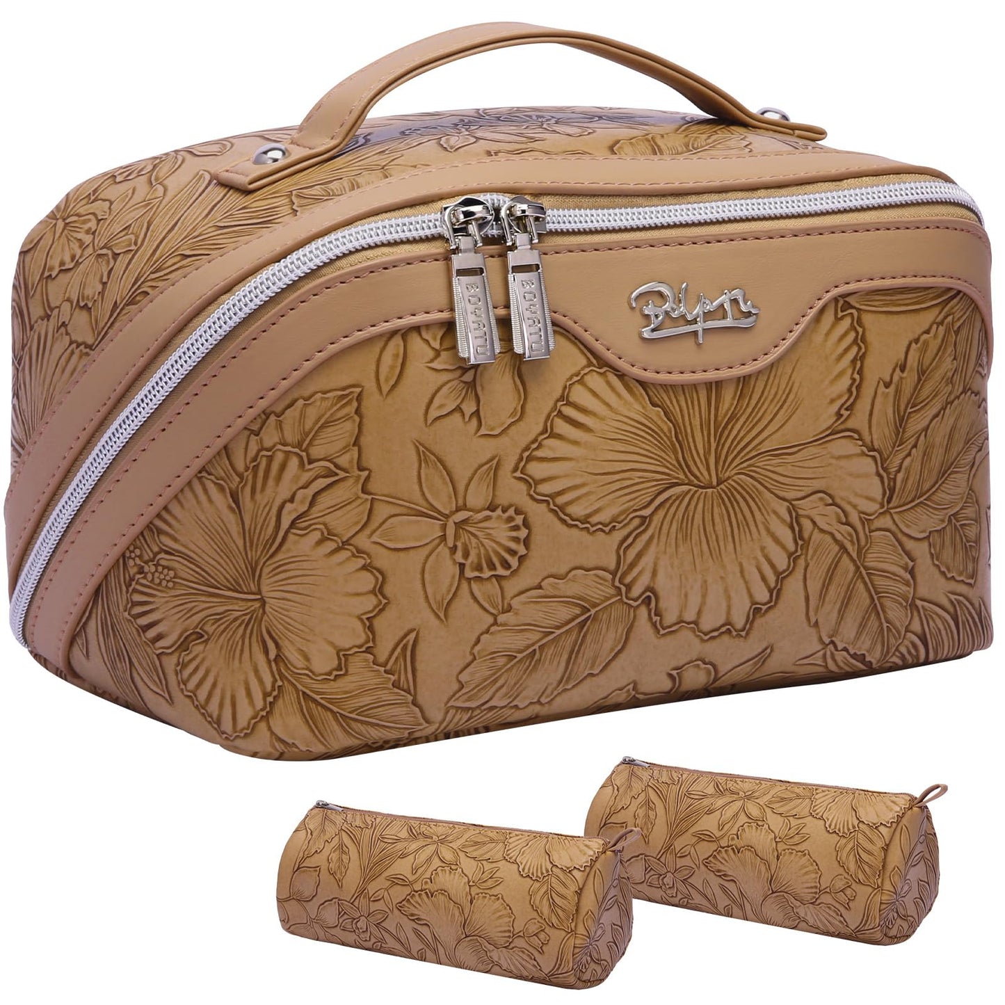 Travel Makeup Bags Cosmetic Organizer Bag: 3-Set Large Capacity Make up Bag - PU Leather Toiletry Bag for Women - Wide Open Portable Pouch with Divider & Handle