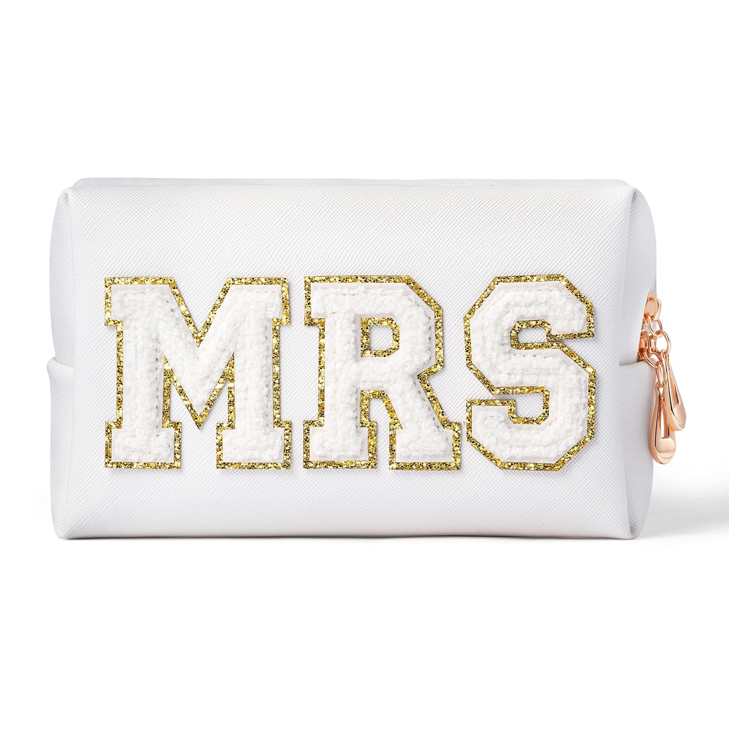 Belanttega Bride Patch MRS Cosmetic Bag PU Leather White Letter Portable Waterproof Purse Organizer Travel Toiletry Bag Engaged Makeup Bag Gift for Women Girls, Gold