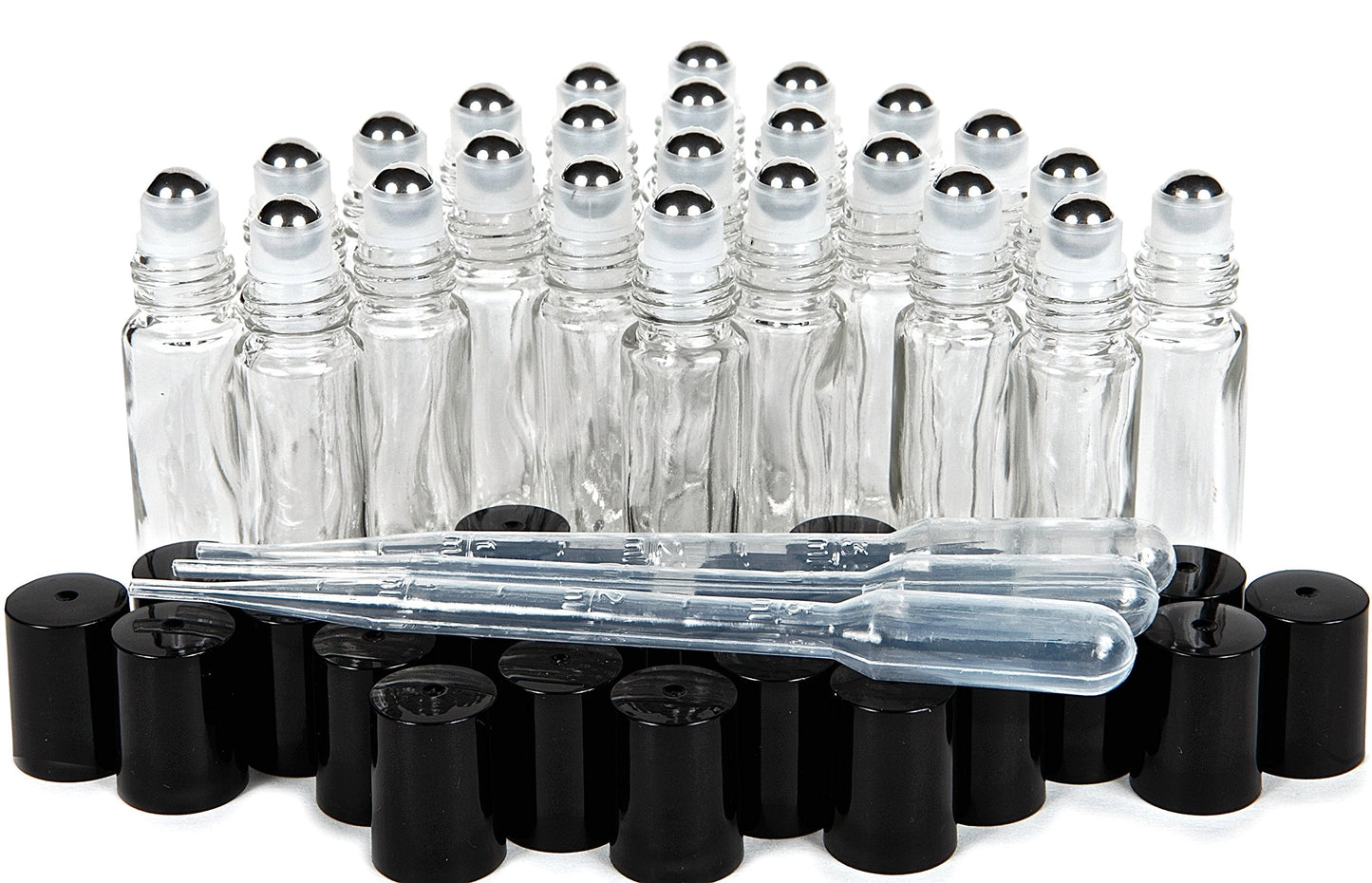 Vivaplex, 24, Clear, 10 ml Glass Roll-on Bottles with Stainless Steel Roller Balls. 3-3 ml Droppers included
