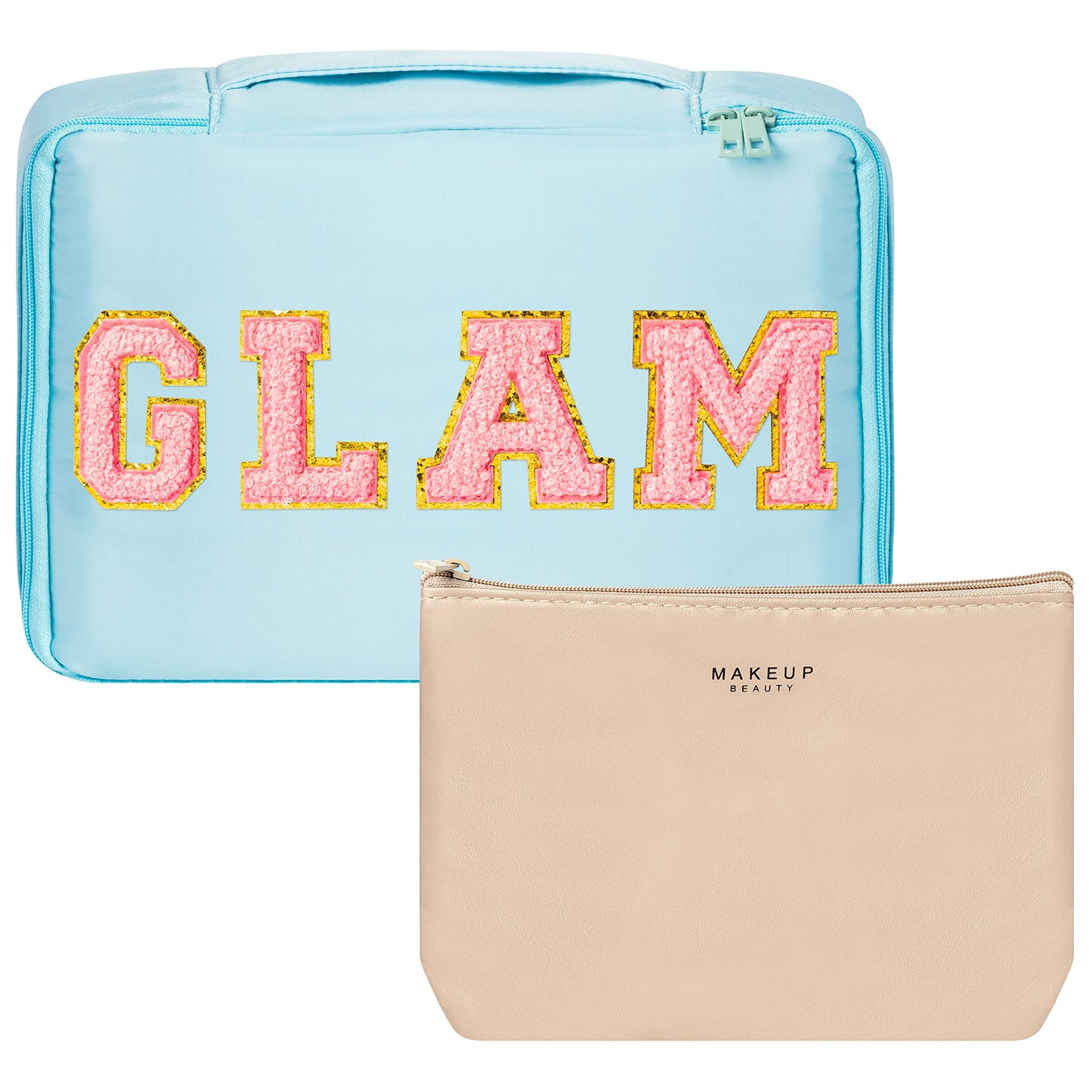 Preppy Patch GLAM Makeup Bag Cosmetic Bag Travel Toiletry Bag Large Brush Bags Case Multifunction Organizer Make Up Bag Reusable Toiletry Bag(Blue)