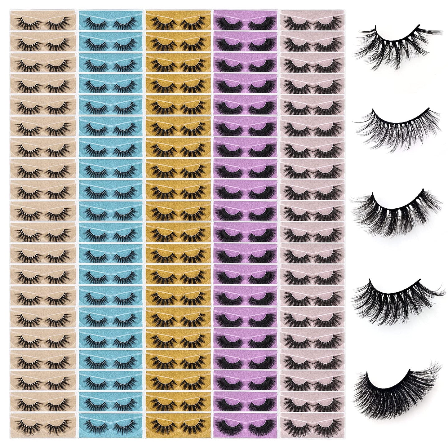 Wholesale Mixed Lashes Pack 3D Faux Mink Eyelashes 5 Style 100 Pairs Fluffy Volume Natural Charming Look Medium Length Eyelashes Cotton Band Handmade Reusable Soft False Eyelashes (5 styles-100 pairs)