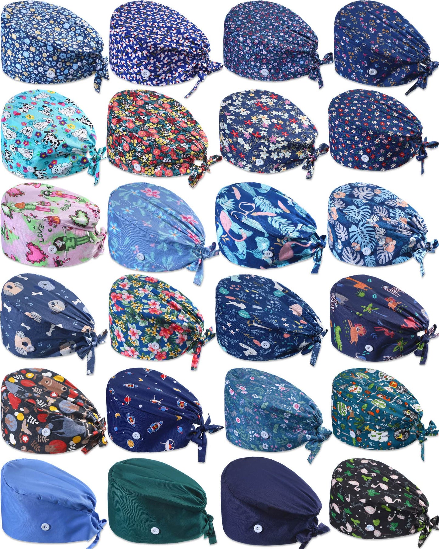 24 Pieces Adjustable Working Caps with Buttons Sweatband for Women Men, Nursing Scrub Hats Gourd Shaped Tie Back Cap for Doctor Nurse Beauty Salon Caps, Cotton Headwear Printed