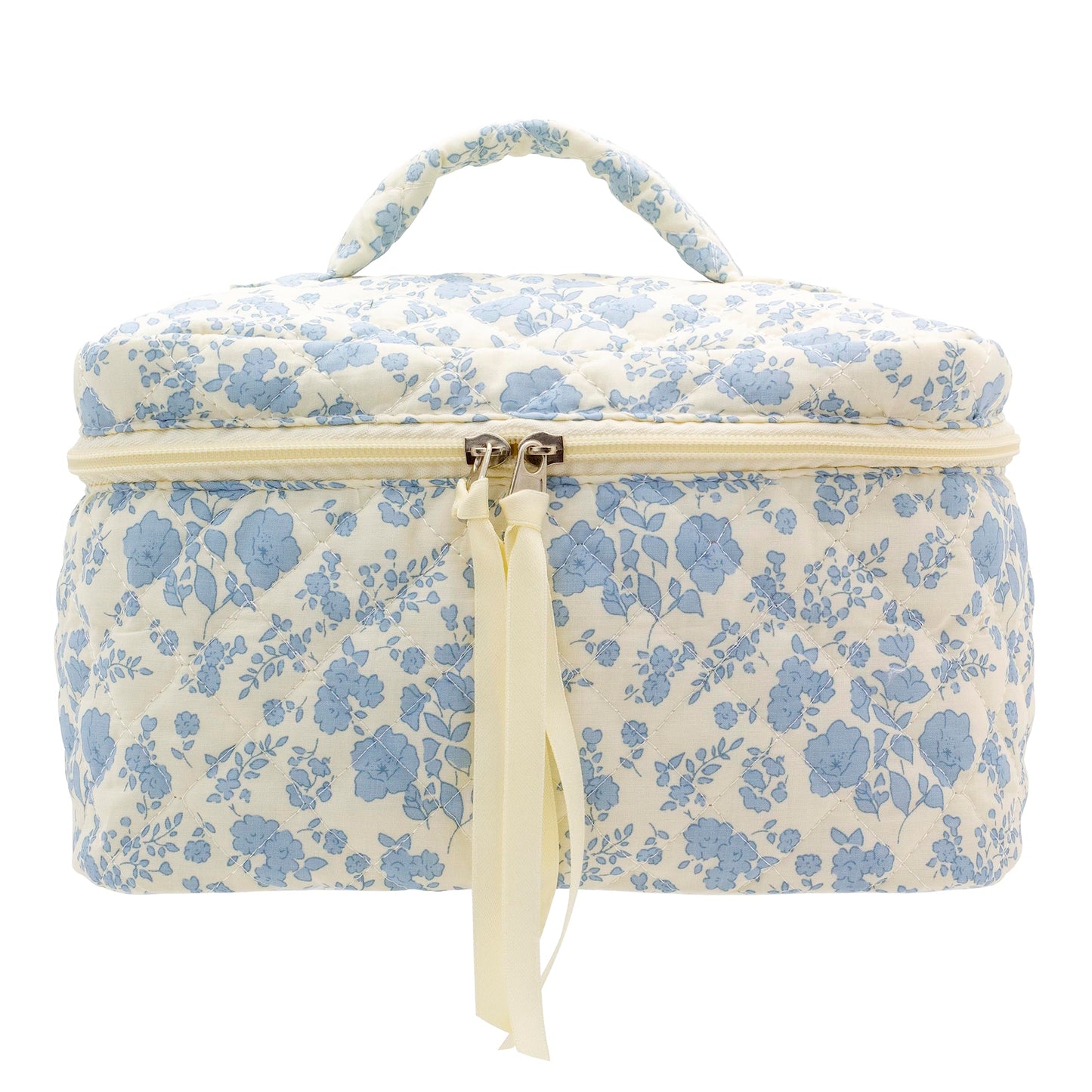 PAZIMIIK Cotton Makeup Bag for Women Large Quilted Travel Cosmetic Case Girls' Make Up Organizer,Little Flower Blue