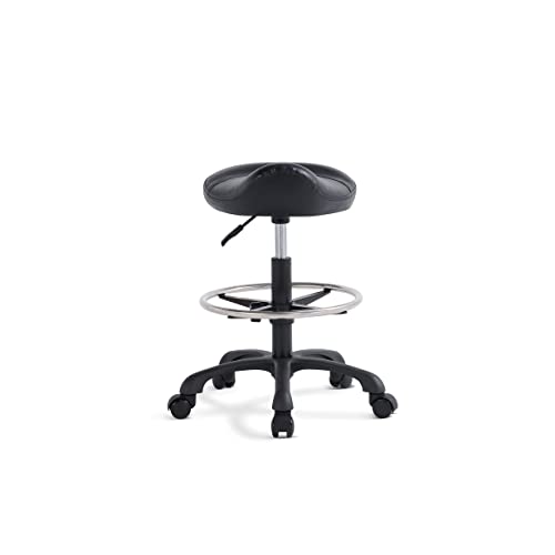 Saddle Makeup Rolling Chair for Medical Massage Salon Kitchen,Adjustable Hydraulic Stool with Wheels with Black Lift(Black, with Foot Ring, Without Backrest)