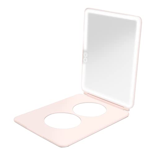 Vanity Planet Handheld Makeup Mirror with Lights, Pose 2.0 (Blush) - Light Up Travel LED Mirror with 3X & 5X Magnification - Dimmable Lighting & Micro-USB Rechargeable Lighted Compact Mirror