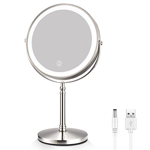 AMZNEVO Rechargeable 8'' Lighted Makeup Mirror, 1X 10X Magnifying Vanity Mirror with 3 Color LED Lights, Touch Sensor Adjust Brightness Double-Sided Cosmetic Mirror, Brushed Nickel