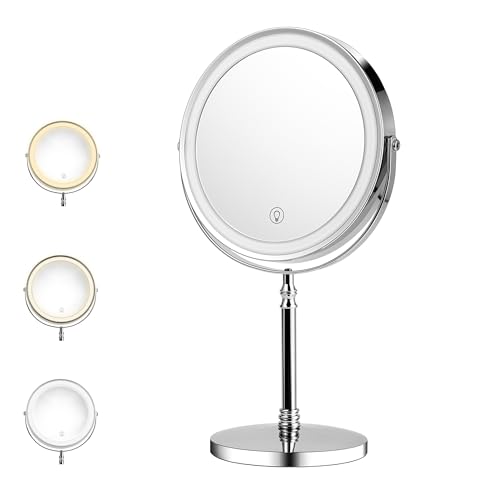 VERSAINSECT ighted Makeup Mirror, Dimmable Touch Screen Led Vanity Mirror with 3 Color Lighting, Brightness Adjustable Makeup Mirror, 360° Rotation Rechargeable Double Sided Magnifying Mirror - 1x/10x