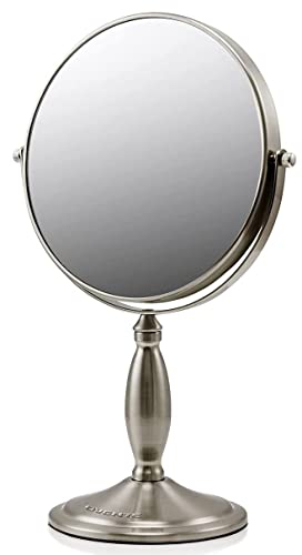 Ovente 8'' Tabletop Makeup Mirror, 1X & 7X Magnification, Adjustable Spinning Double Sided Round Magnifier, Décor for Office, Vanity, Bath, Hotel, Compact for Travel, Nickel Brushed MNLAT80BR1X7X