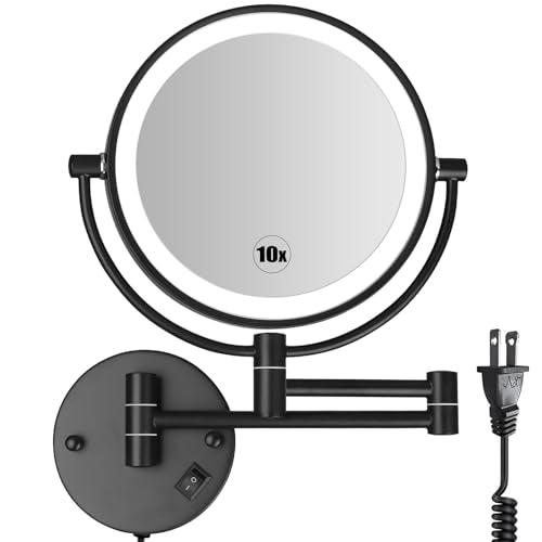SanaWell Lighted Makeup Mirror Wall Mounted with 10x Magnification,Plug in Cord LED Double Sided Bathroom Vanity Mirror Extendable Arm,Touch Sensor 360° Swivel Shaving Cosmetic Mirror (Matte Black)