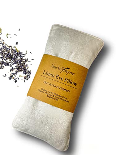 Sacksy Thyme Organic Linen Eye Pillow - Lavender & Flaxseed for Relaxation, Yoga, Stress Relief - Microwavable Heating Pad & Cool Compress - Made in USA - Gifts for Meditation - (Lavender)