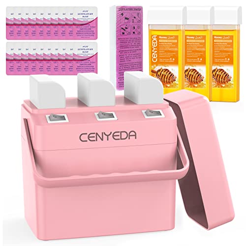 Roll On Wax Warmer Kit, Triple Cartridge Heater Rolling Epilator, Wax Roller Waxing Hot Cartridge Hair Removal with Pedestal for Women Men, Painless Hair Removal Machine (Pink)
