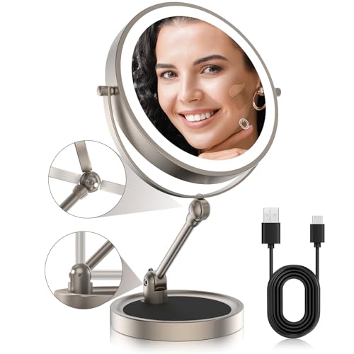 Alovely Lighted Makeup Mirror, 1X/10X Magnifying Vanity Mirror with Lights Height Adjustable 8 inch 2-Sided Tabletop Mirror with 3 Colors Lighting, Rechargeable, 360°Rotation & Touch Control