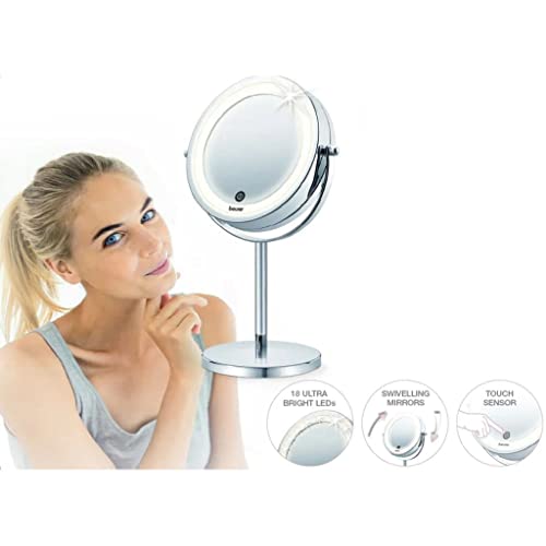 Beurer BS 55 Makeup Mirror with Light, Bright LED (18 LEDs), Pivoting Mirror, Touch Sensor On, 1 Side with Normal View, 1 Side with Magnification View (x7), Chrome Finishes