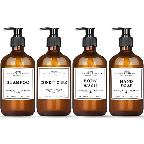 4 Pack 16.9 Oz Shampoo and Conditioner Hand Soap Dispenser Refillable Pump Bottles with Waterproof Labels (Amber)