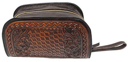 CHALLENGER Men's Travel Toiletry Organizer Shaving Kit Tooled Leather Bag 18AA28BR