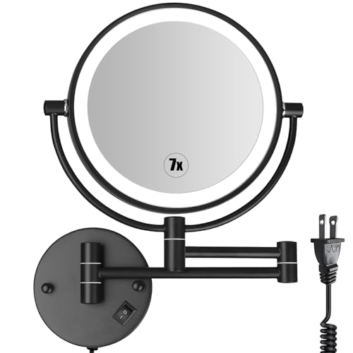SanaWell LED Wall Mounted Makeup Mirror 8 Inch Double Sided with 1X/7X Magnification Extendable Lighted Magnifying Vanity Mirror with Light 360° Swivel Mirror Powered by Plug in (Matte Black)