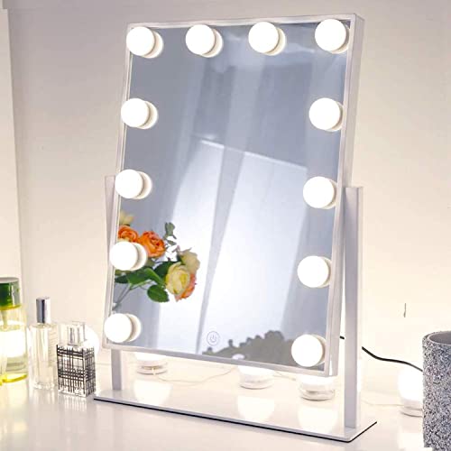 QYzblbang LED Vanity Mirror with Lights Hollywood Light up Makeup Mirror for Desk, Lighted Smart Mirror with Touch Lights,3Color Dimmable Personal Makeup Mirror with 12 Bulbs for Bedroom 360°Rotation